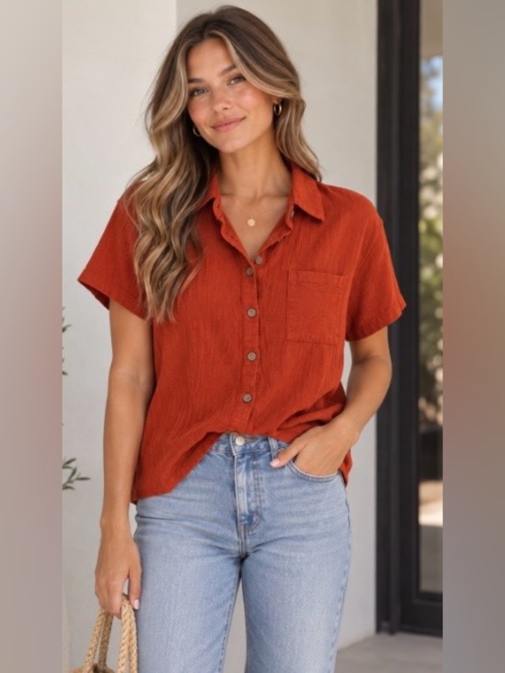 SHEIN Rust Button-Front Short Sleeve Shirt